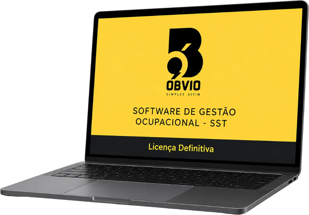 Notebook com a tela do Óbvio: software de gestão ocupacional SST, licença definitiva