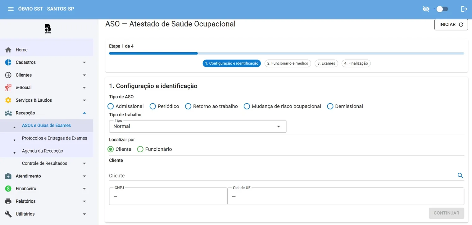 Tela de emissão de ASO no Óbvio, etapa 1 de 4, com seleção do tipo de ASO e busca de cliente